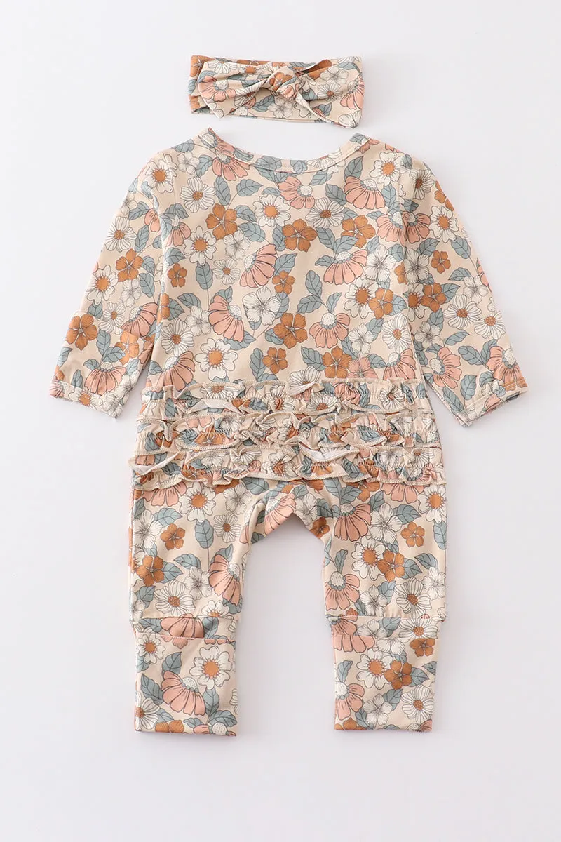 Beige floral print 2pc ruffle romper