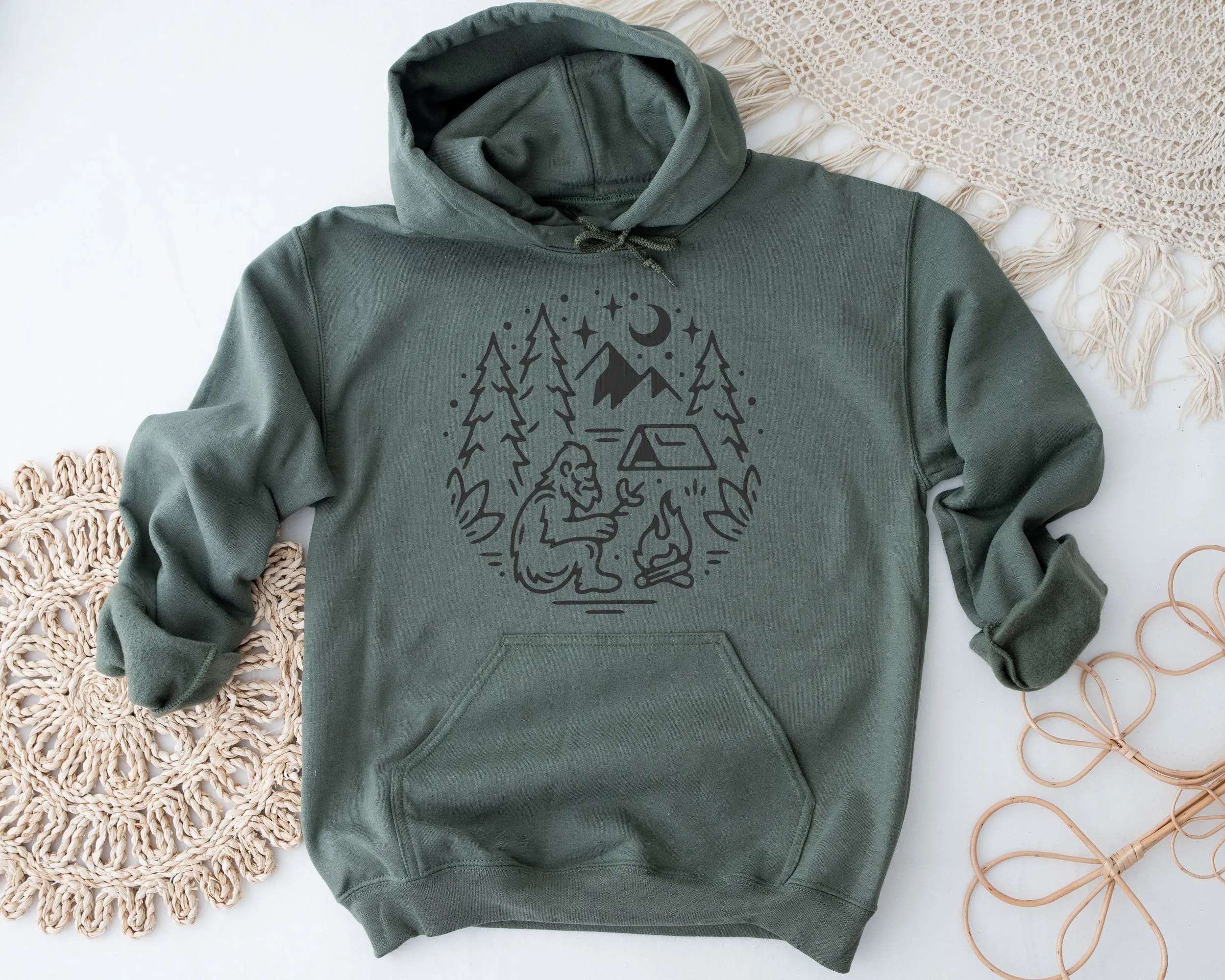 Bigfoot Camping Bonfire Hoodies - light or dark artwork