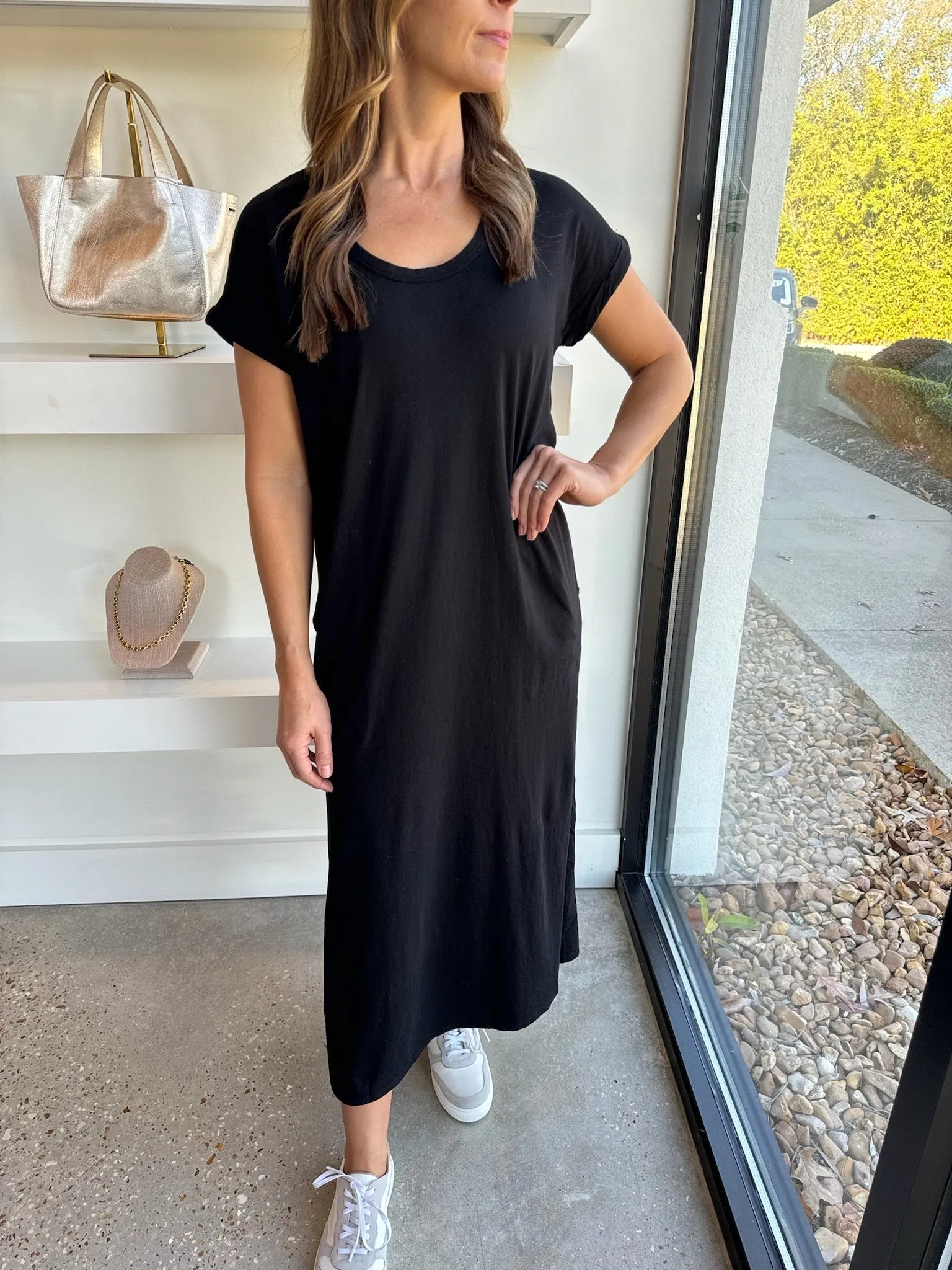 Black Roll S/S Midi Dress With Pockets