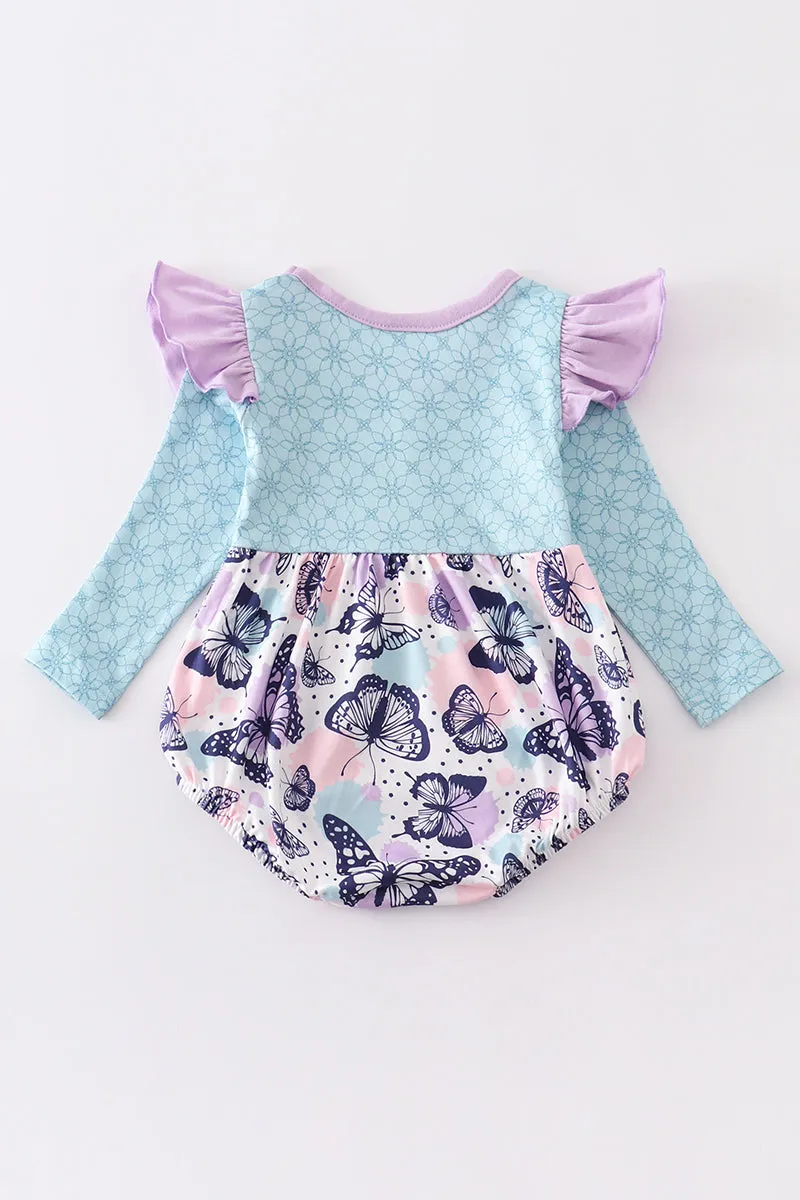 Blue butterfly print ruffle baby romper