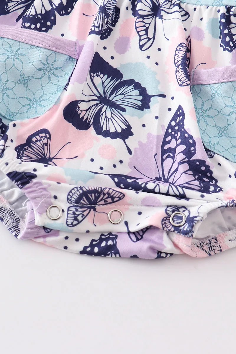 Blue butterfly print ruffle baby romper