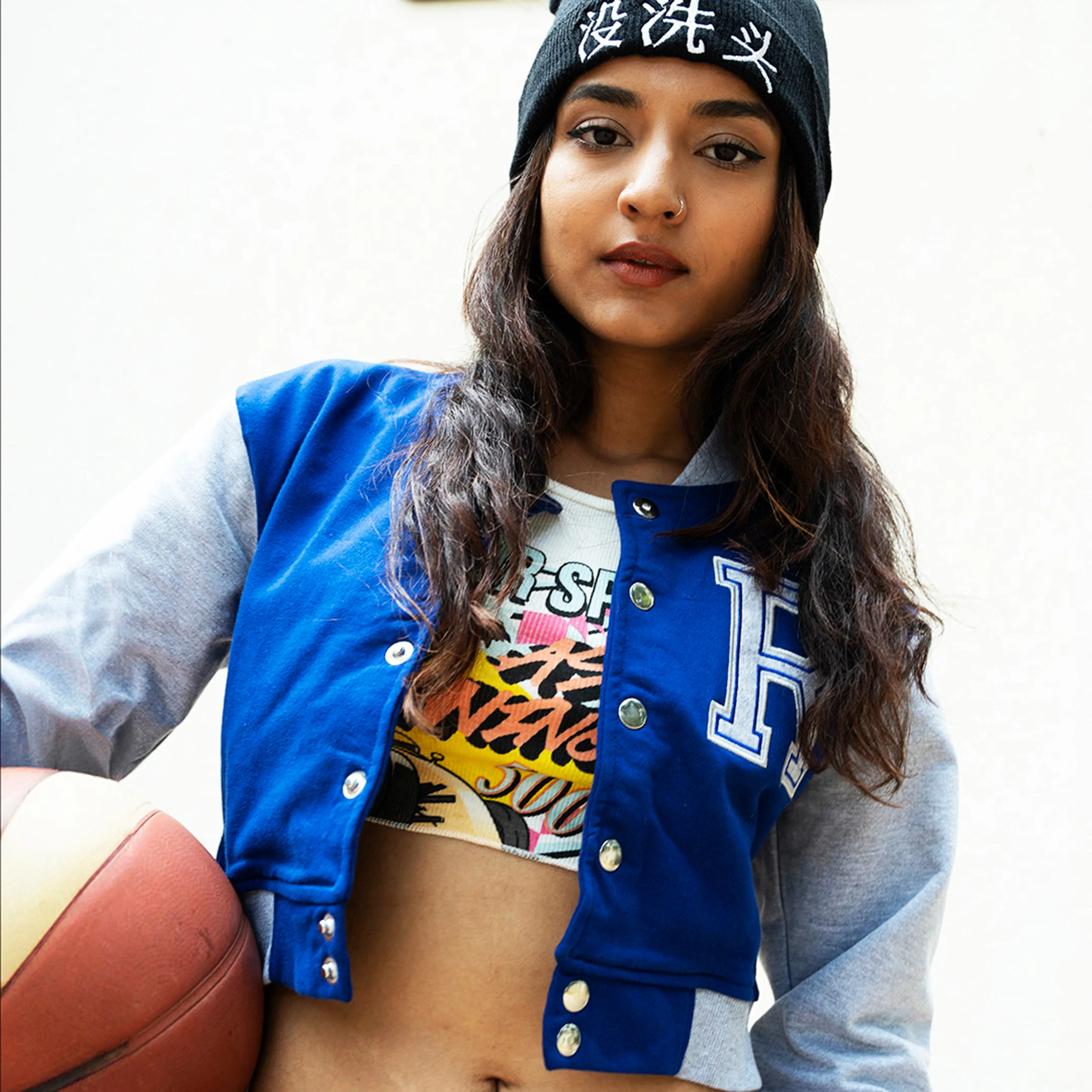 Blue Crop Varsity Jacket