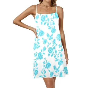 blue rose print Drawstring Neck Sleeveless Dress (Model D68)