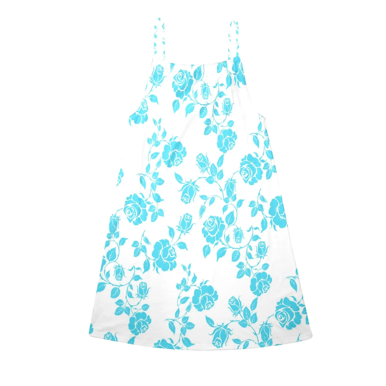 blue rose print Drawstring Neck Sleeveless Dress (Model D68)