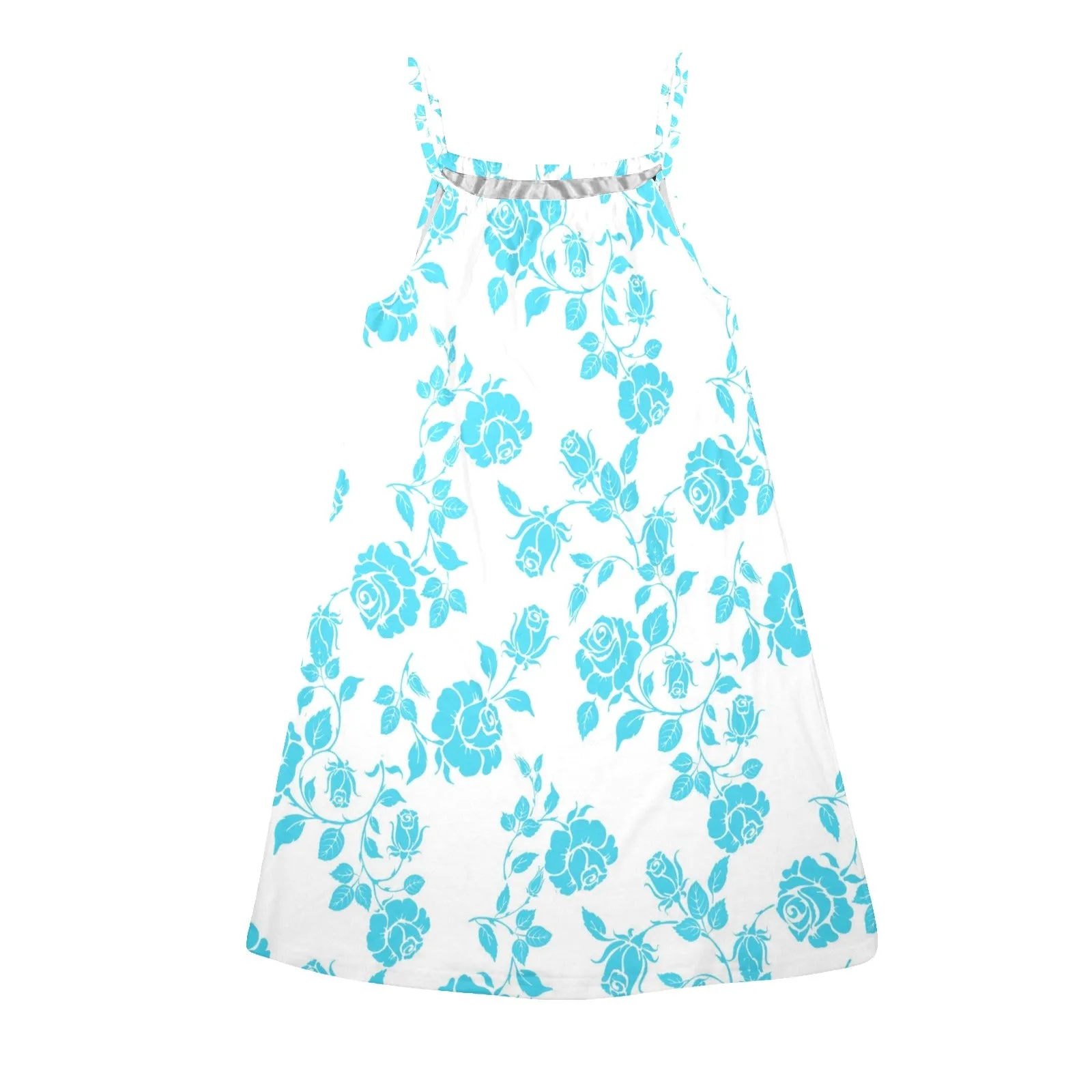 blue rose print Drawstring Neck Sleeveless Dress (Model D68)