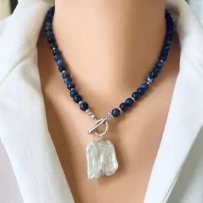 Blue Sodalite Toggle Necklace with Square Shape Keshi Pearl Pendant, Sterling Silver, 17inches