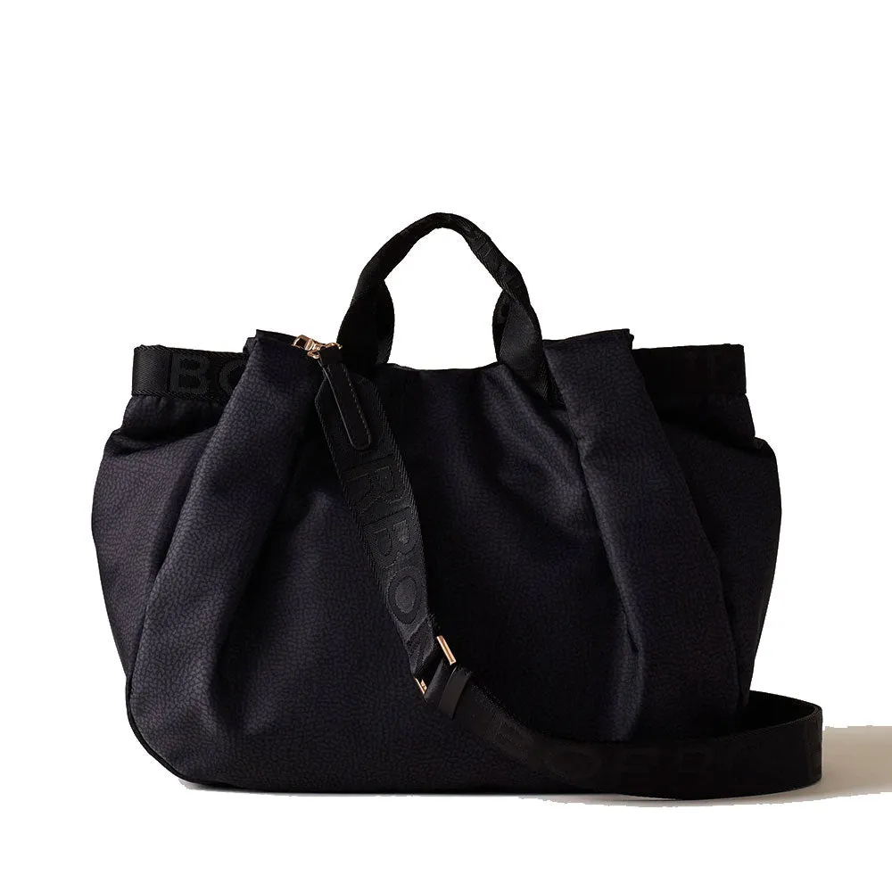 Borsa Donna a Mano Media BORBONESE linea Bateau in Tessuto stampa Op Dark Black