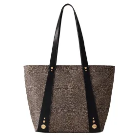 Borsa Donna Shopping BORBONESE linea Road Medium in Nylon OP Naturale e Pelle Nera