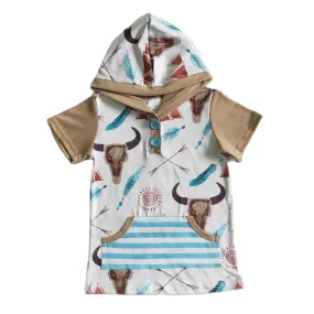 Boys Western Steer Skull Short Sleeve Hoodie /Striped Pocket