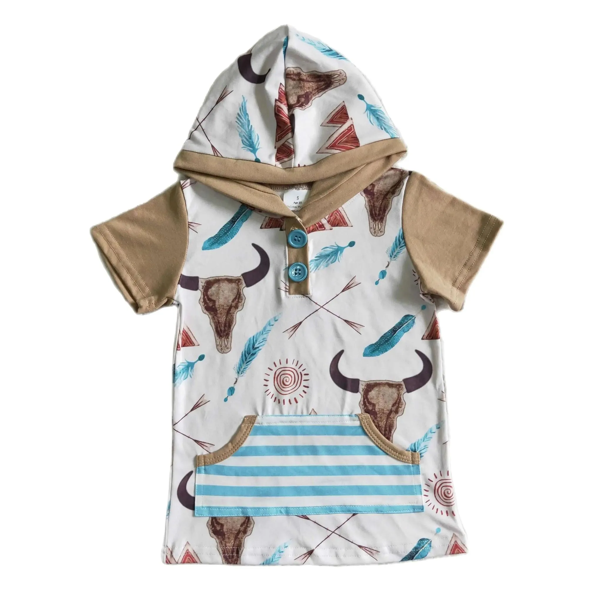 Boys Western Steer Skull Short Sleeve Hoodie /Striped Pocket