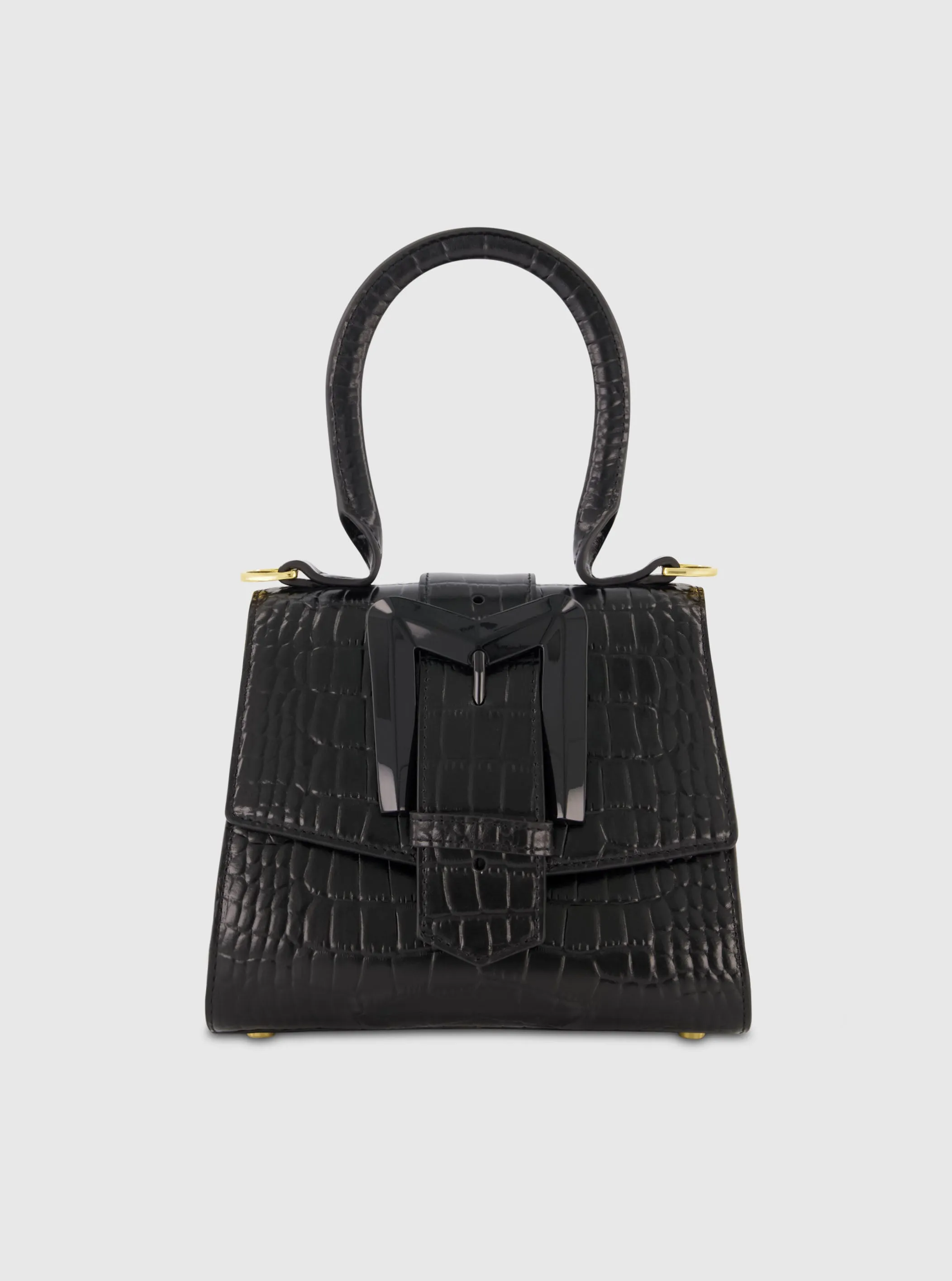 Buckled Mini Croco Black Leather Handbag with Detachable Strap