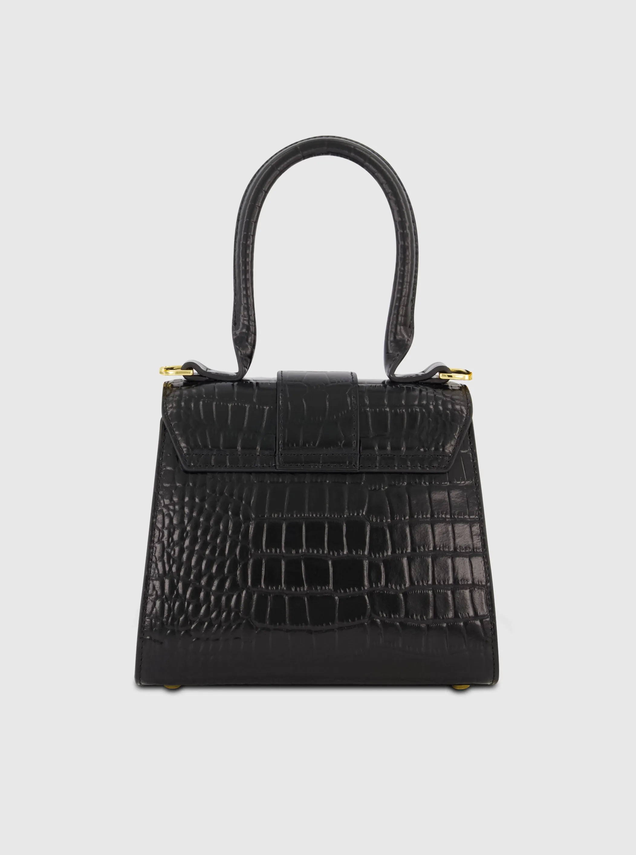 Buckled Mini Croco Black Leather Handbag with Detachable Strap