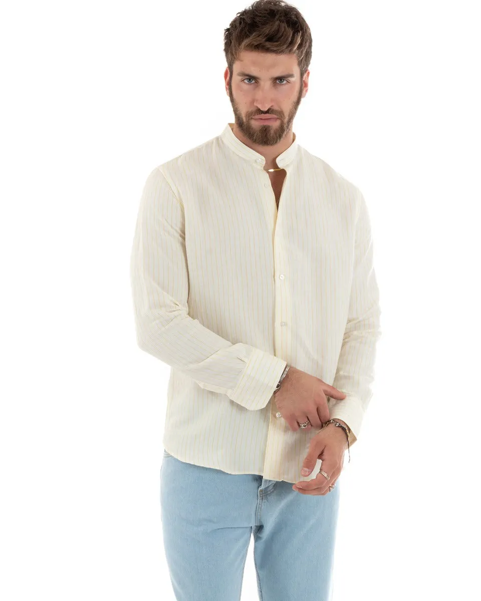 Camicia Uomo Collo Coreano Manica Lunga Lino Cotone Regular Fit Rigata Giallo GIOSAL-C2753A