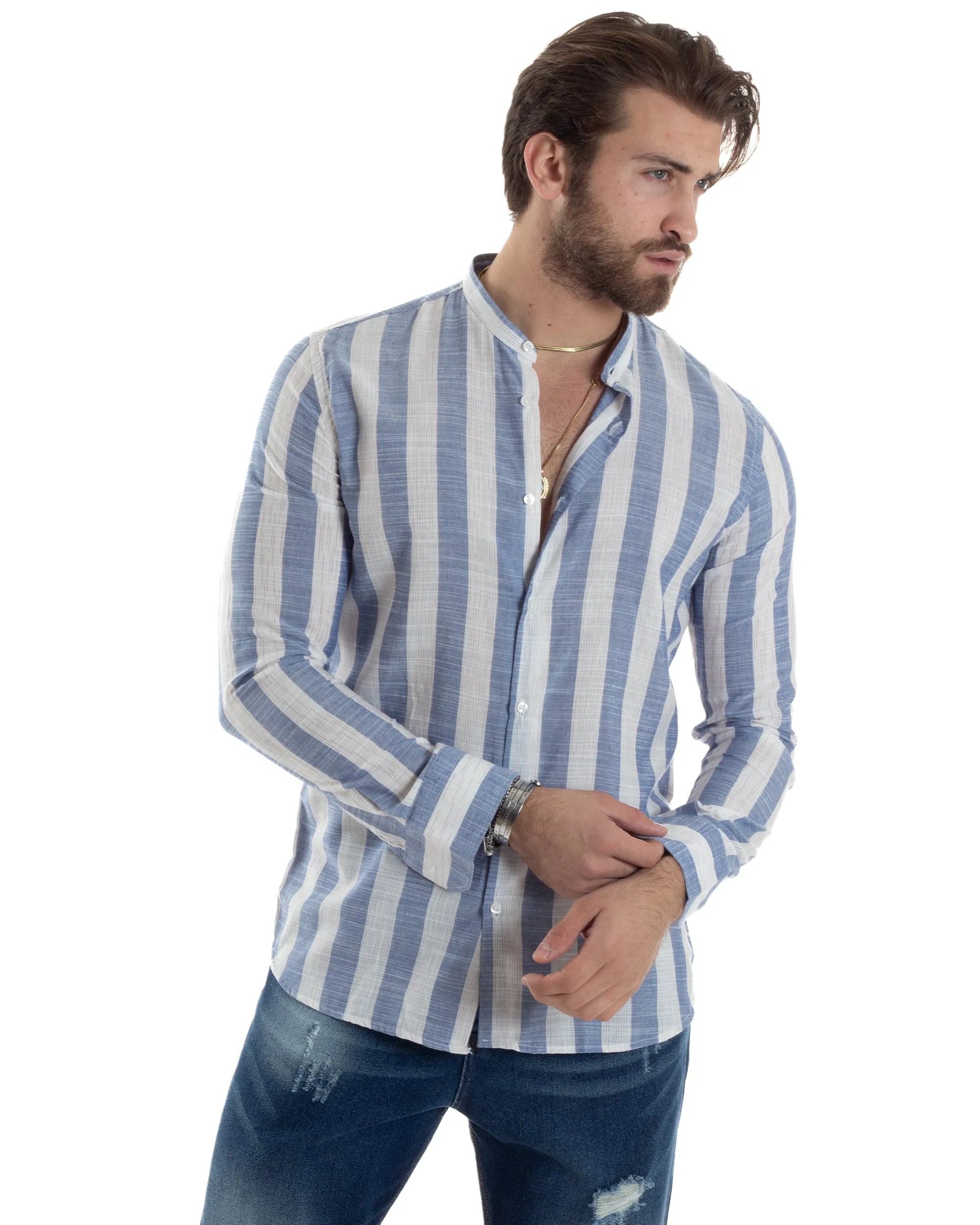 Camicia Uomo Manica Lunga A Righe Lino Collo Coreano Regular Fit Riga Larga Blu GIOSAL-C2861A