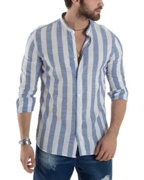 Camicia Uomo Manica Lunga A Righe Lino Collo Coreano Regular Fit Riga Larga Blu GIOSAL-C2861A