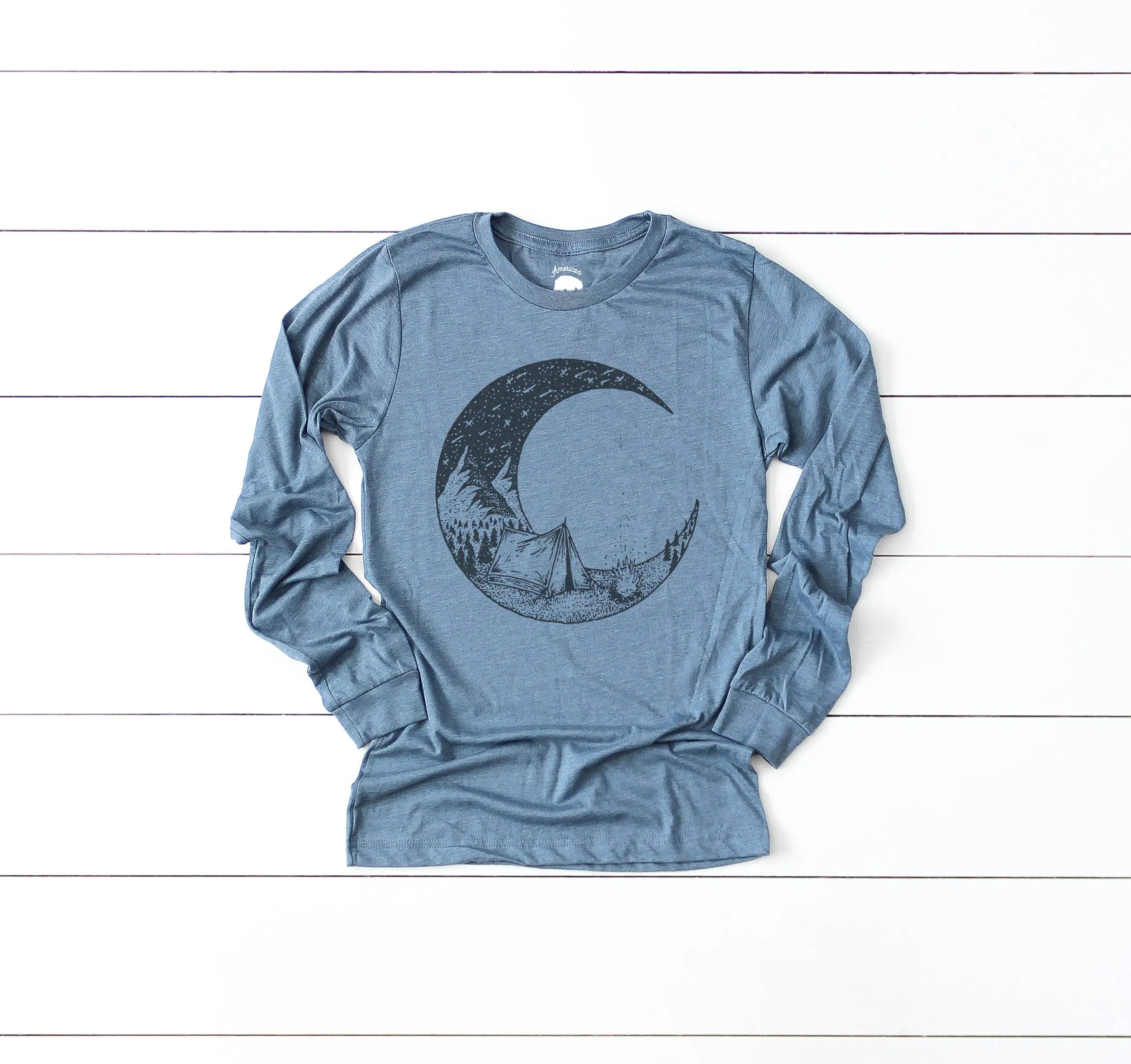 Camping Bonfire Crescent Moon Adult Long Sleeve Shirts