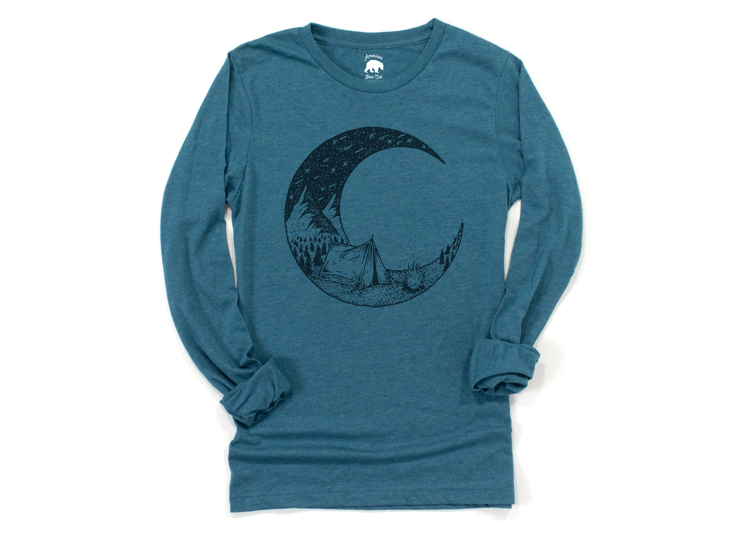 Camping Bonfire Crescent Moon Adult Long Sleeve Shirts