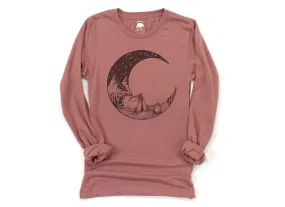 Camping Bonfire Crescent Moon Adult Long Sleeve Shirts