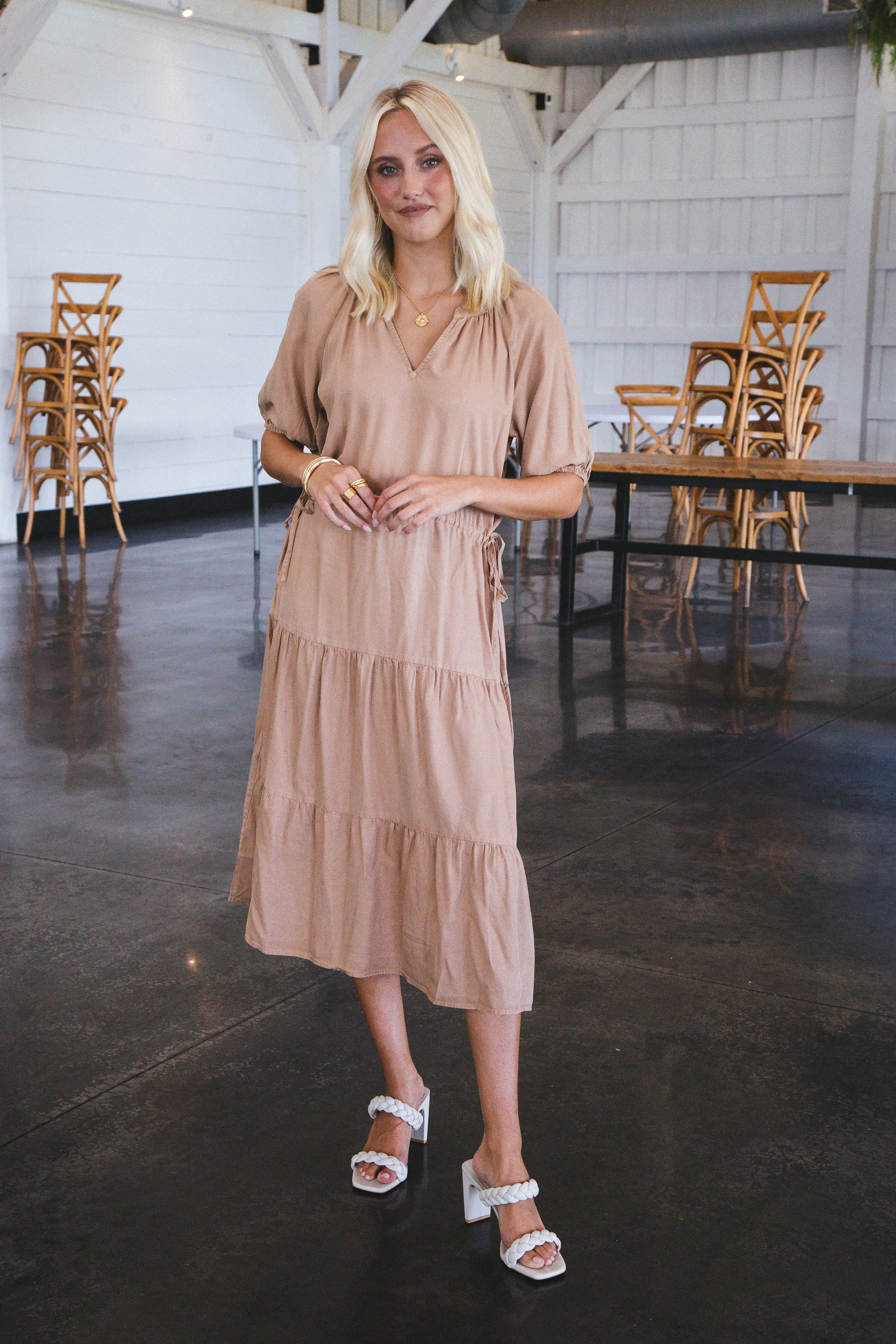 Cassie Tencel Tiered Midi Dress, Camel | Velvet Heart