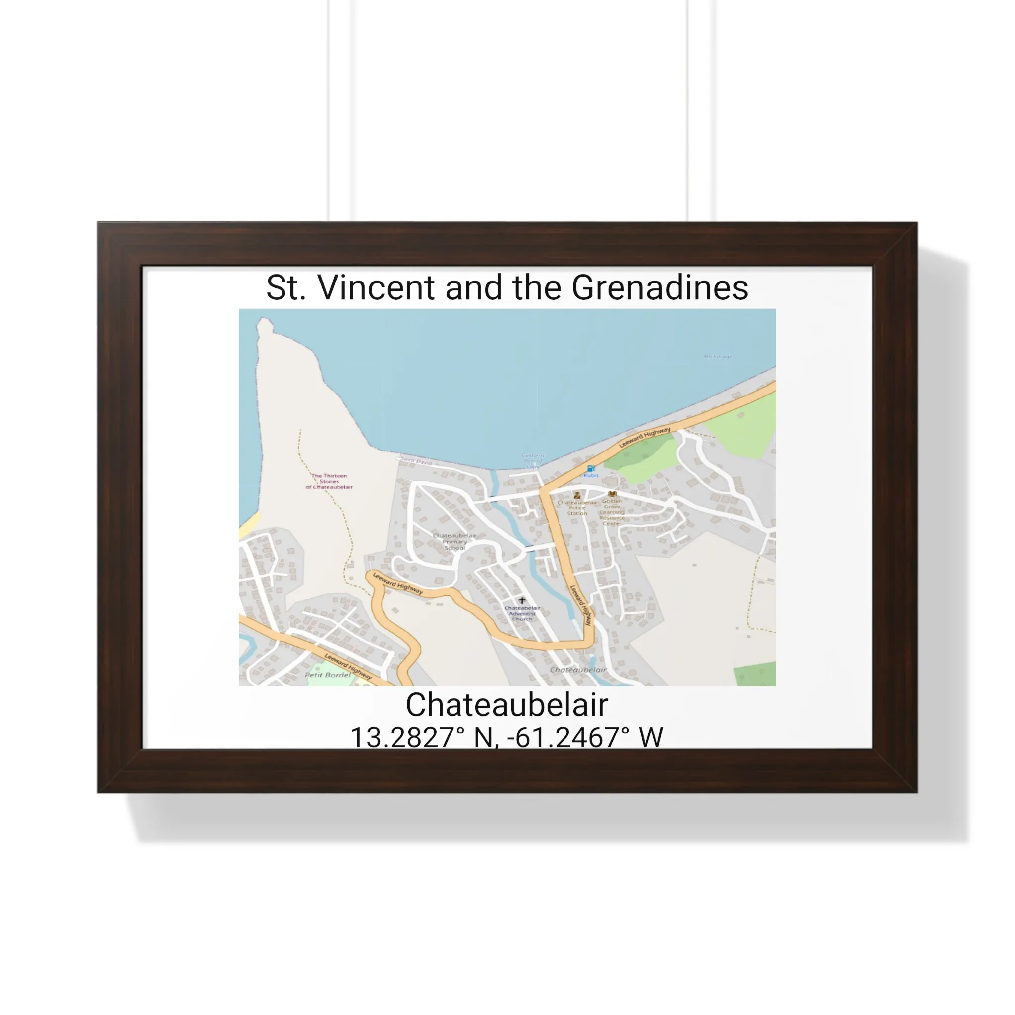 Chateaubelair St. Vincent and the Grenadines Map Framed Print Poster, City Map Print Poster, Framed Vertical Poster Framed Horizontal Poster