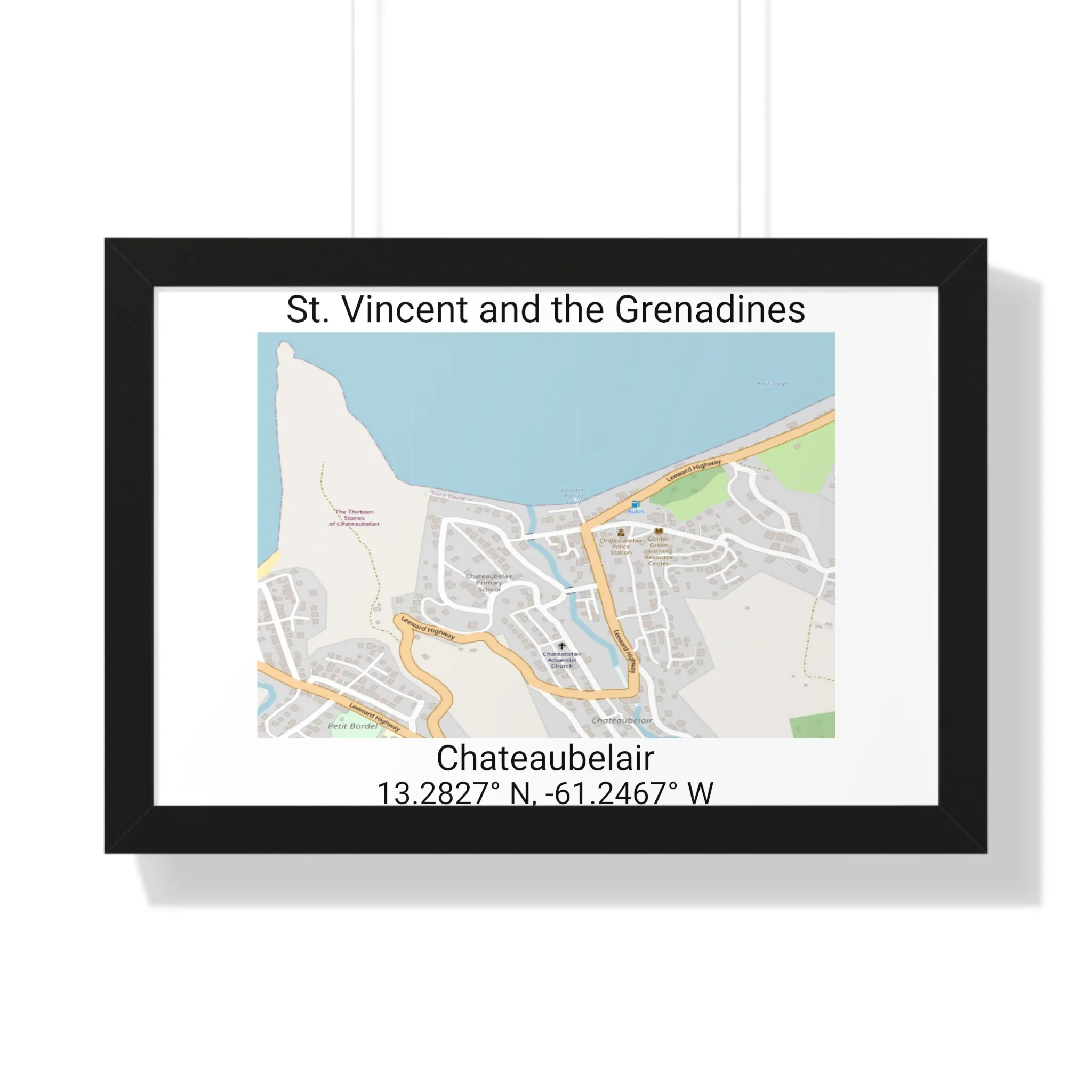 Chateaubelair St. Vincent and the Grenadines Map Framed Print Poster, City Map Print Poster, Framed Vertical Poster Framed Horizontal Poster