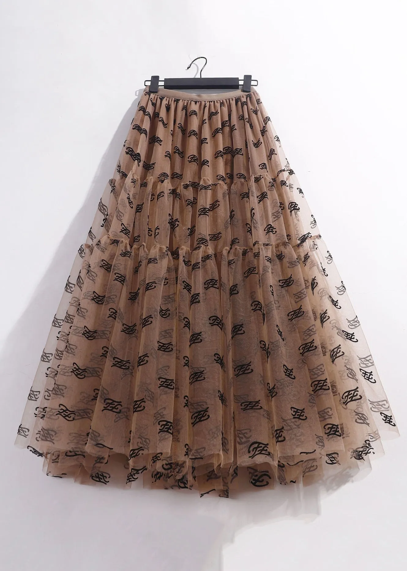 Coffee Wrinkled Tulle Skirt High Waist Summer AS1096