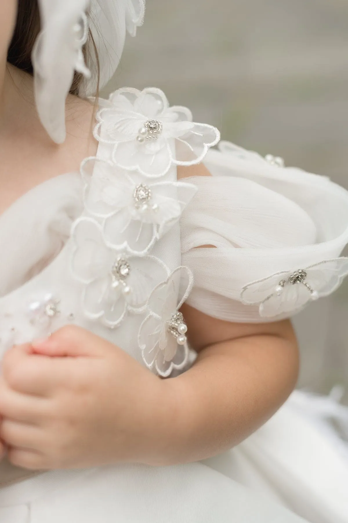 Constanza White Ceremony Dress with Champagne Bow