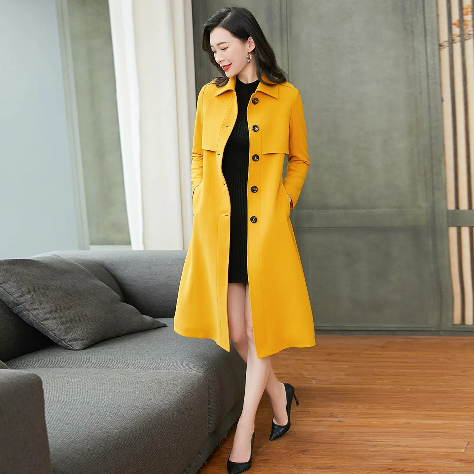 Custom Single Breasted Button Yellow Trench Coat