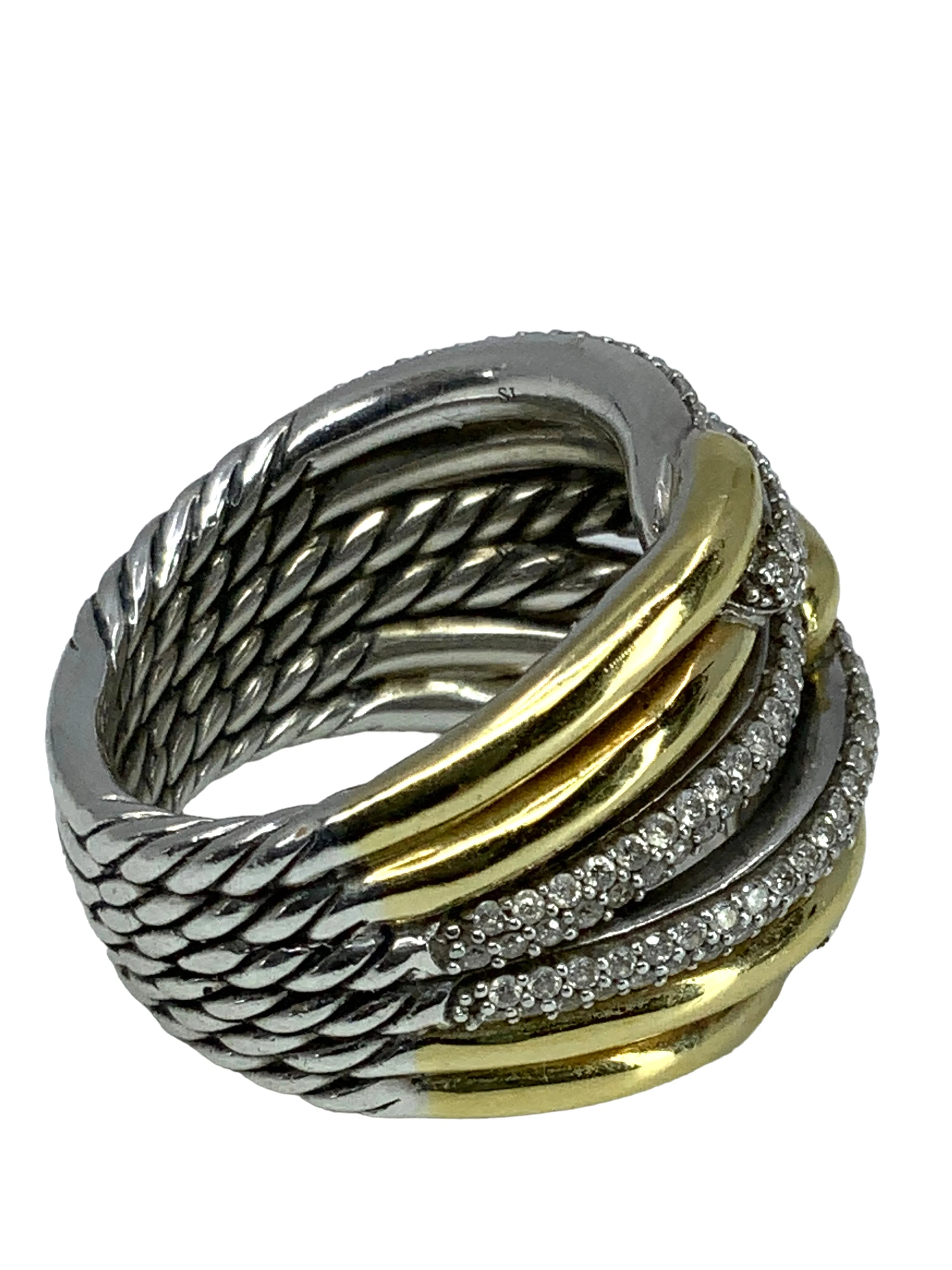 David Yurman Sterling Silver 18K Yellow Gold Diamond Triple Loop Labyrinth Ring Size 7