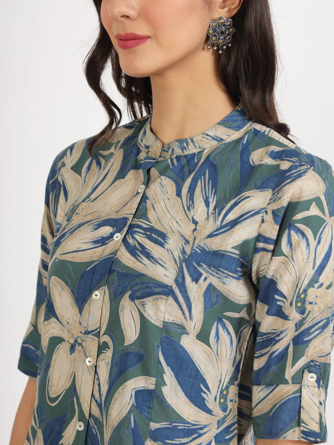 Divena Green Blue Floral Printed Rayon Top