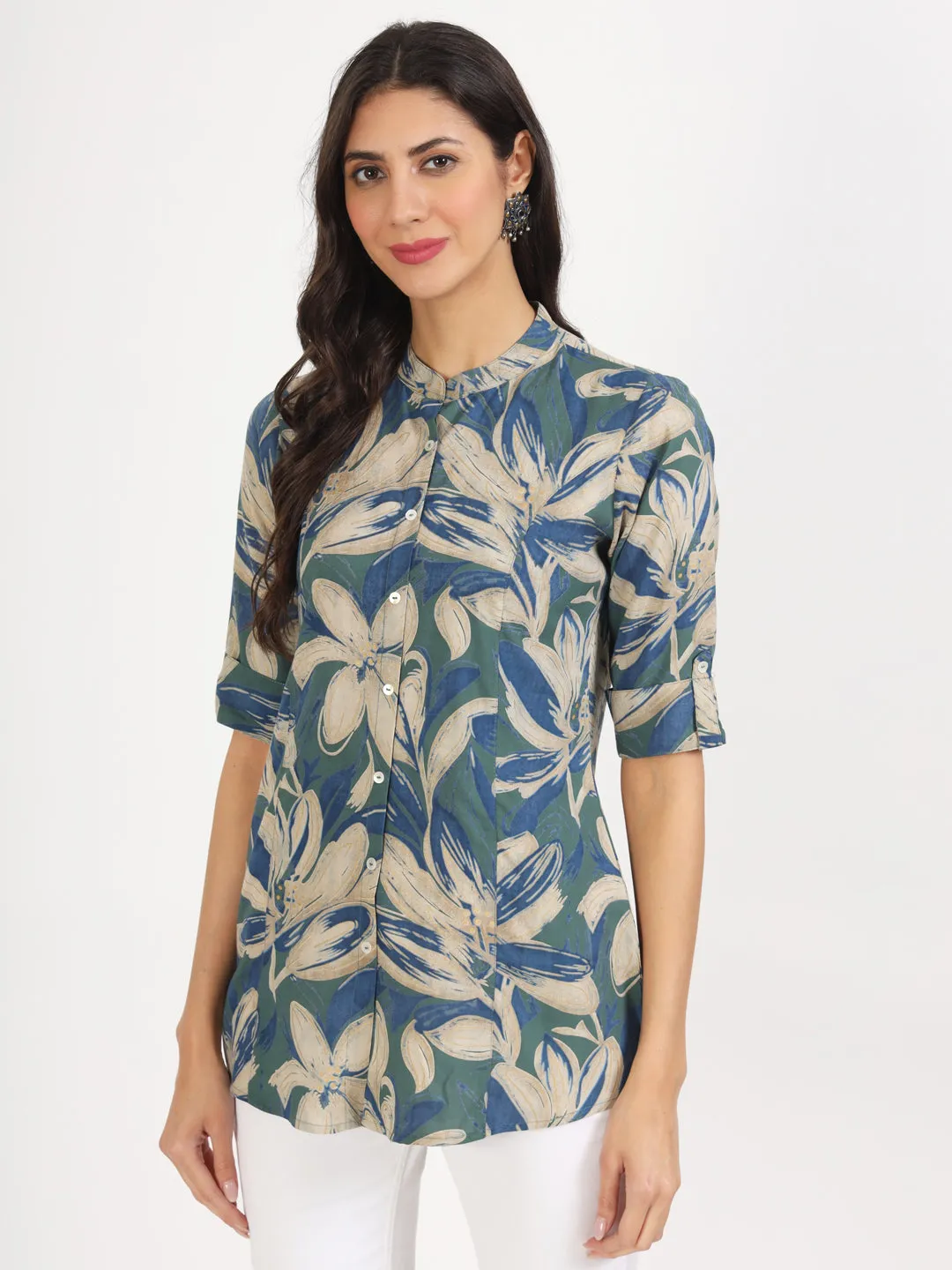 Divena Green Blue Floral Printed Rayon Top