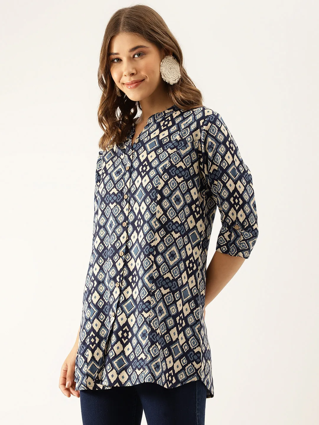 Divena Navy Blue Printed Rayon Regular Fit Top