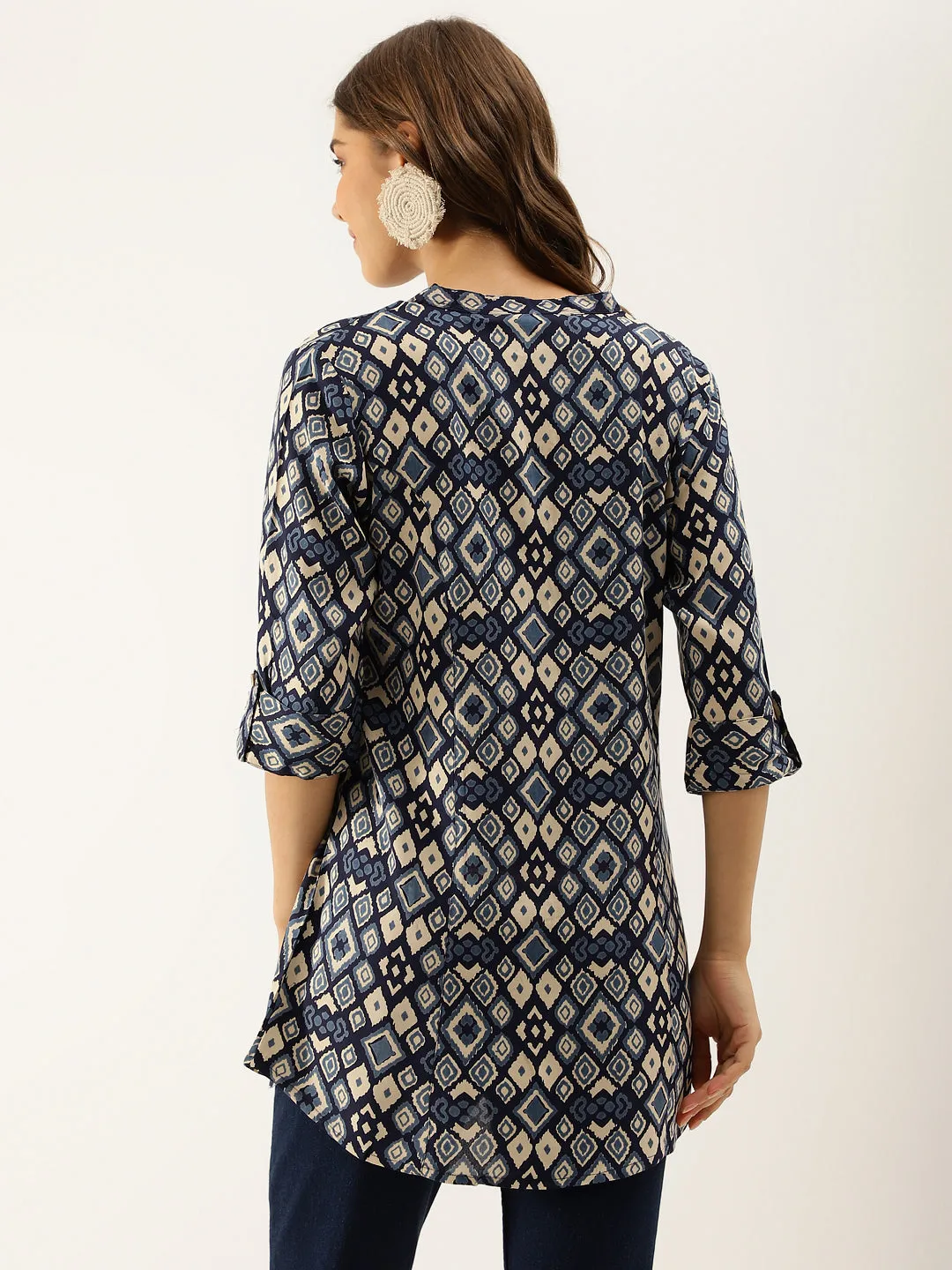 Divena Navy Blue Printed Rayon Regular Fit Top