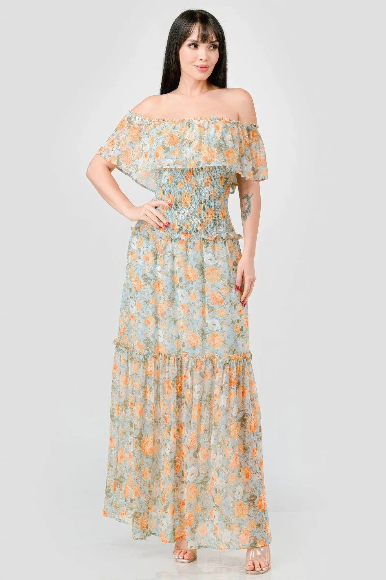 Floral Chiffon Off Shoulder Smocked Back Ruffled Tiered Maxi Dress