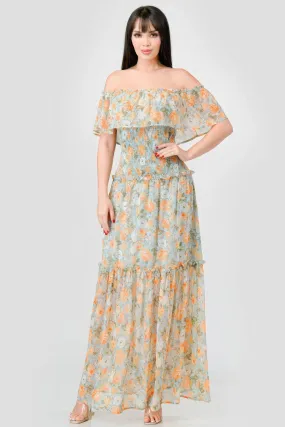 Floral Chiffon Off Shoulder Smocked Back Ruffled Tiered Maxi Dress