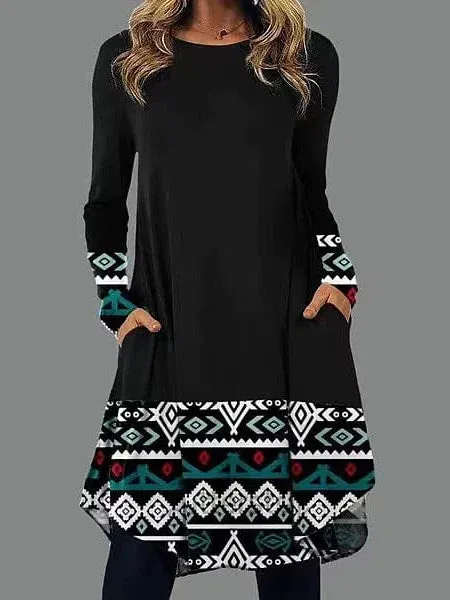 Floral Geometric Print Pocket Crew Neck Mini Dress