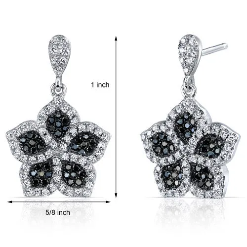 Flower Design Black and White CZ Sterling Silver Dangle Earrings