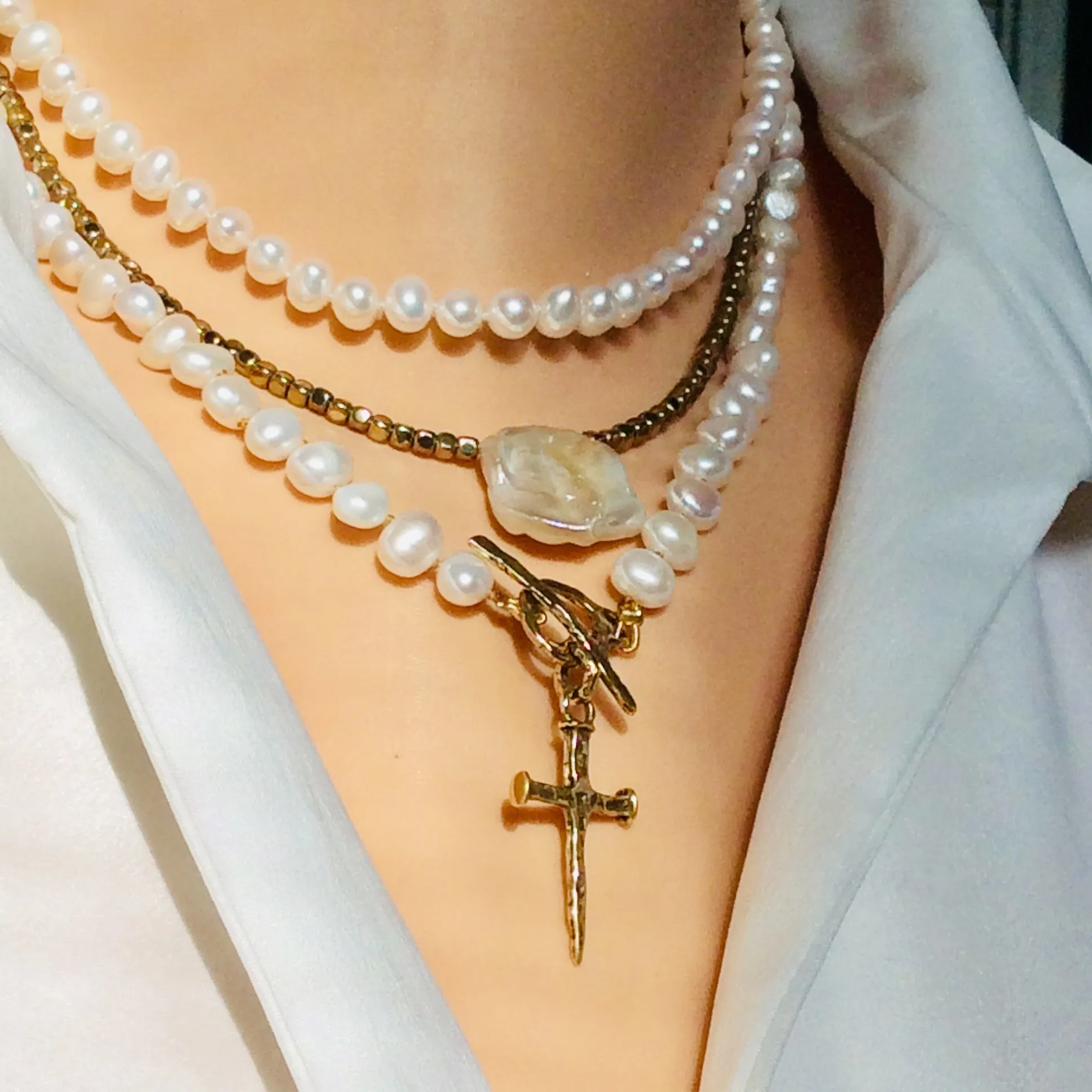 Freshwater Pearl Necklace, Cross Pendant Necklace, Religious Jewelry