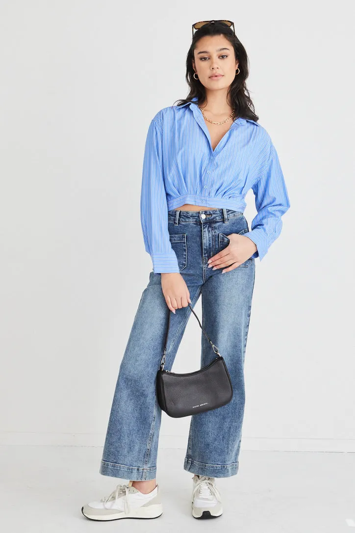 Gifted Blue Stripe Button Pleat Ls Crop Shirt