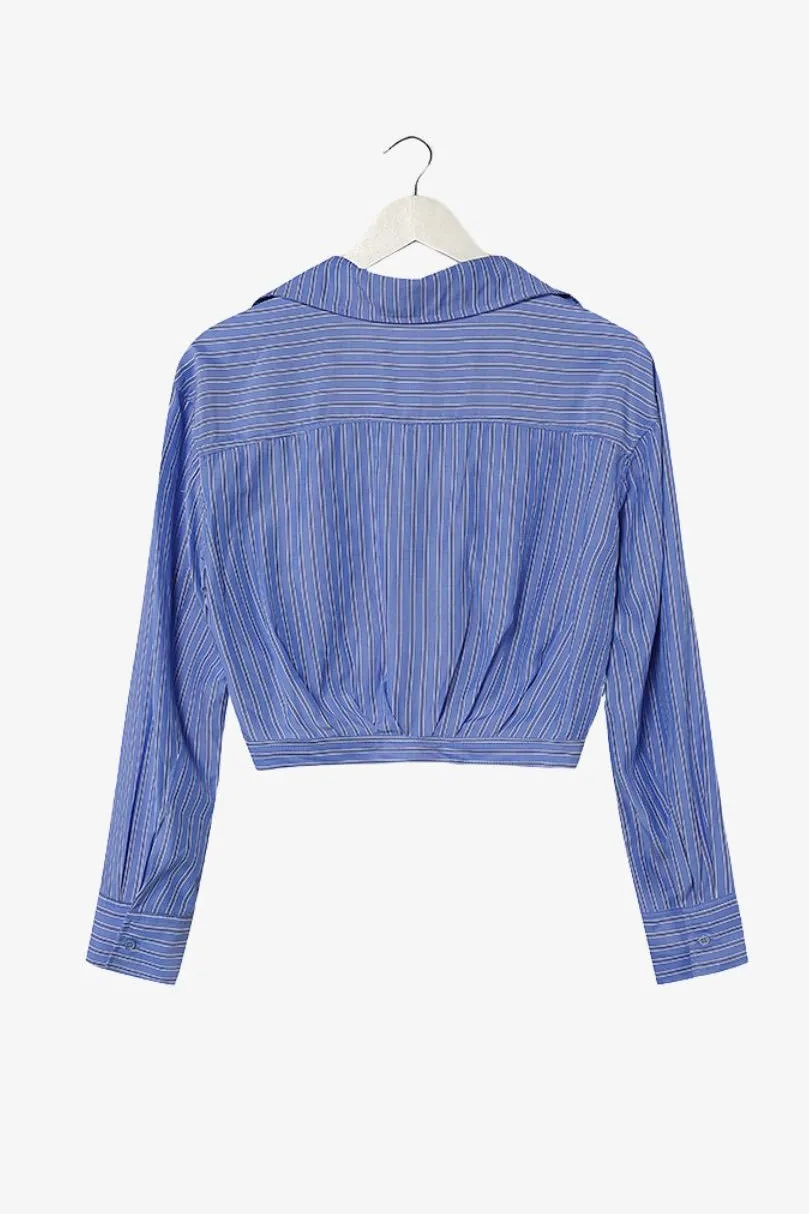 Gifted Blue Stripe Button Pleat Ls Crop Shirt