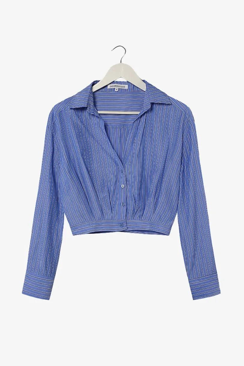 Gifted Blue Stripe Button Pleat Ls Crop Shirt