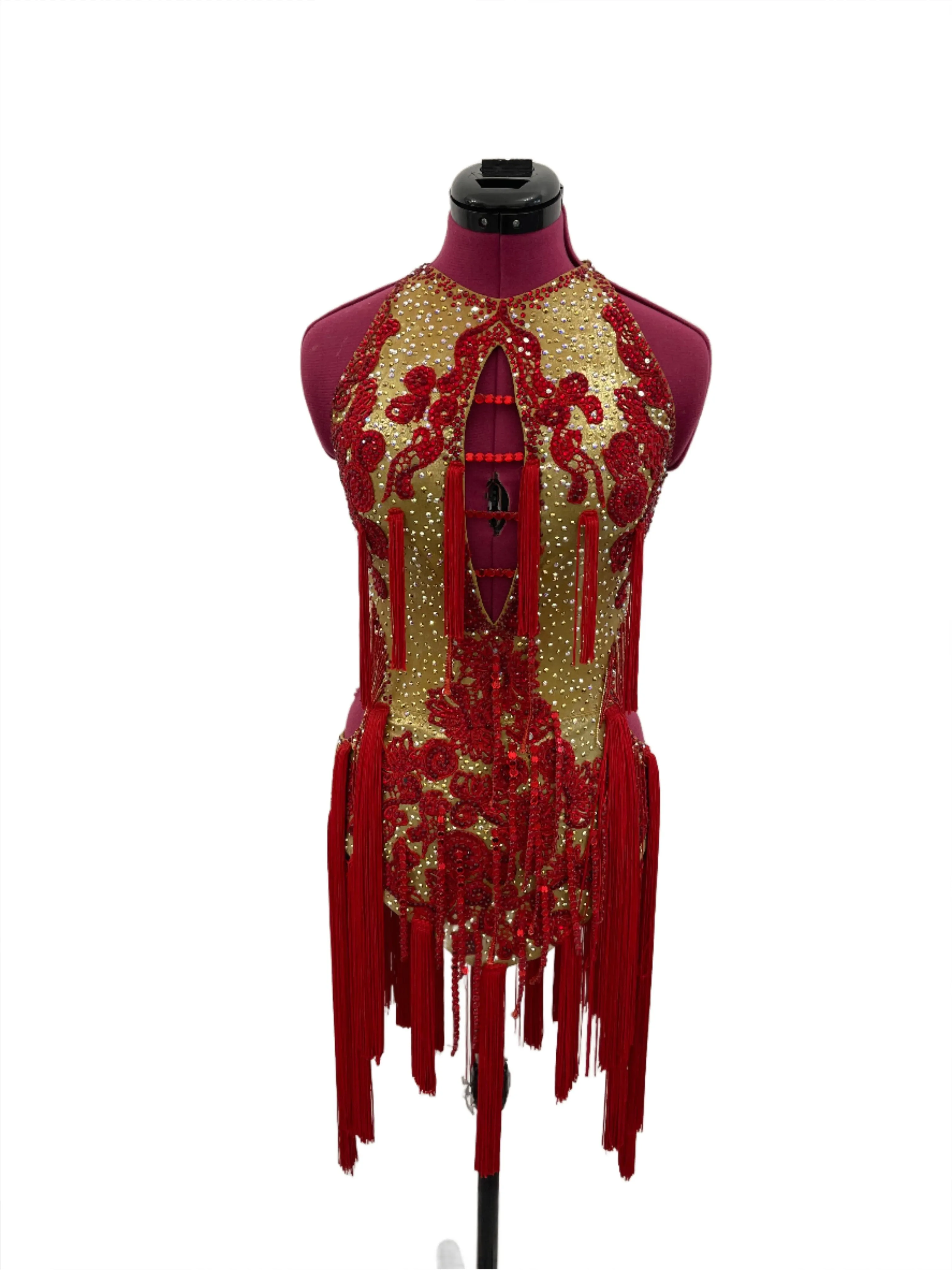 Gold and Vibrant Red Fringe Latin Dance Dress