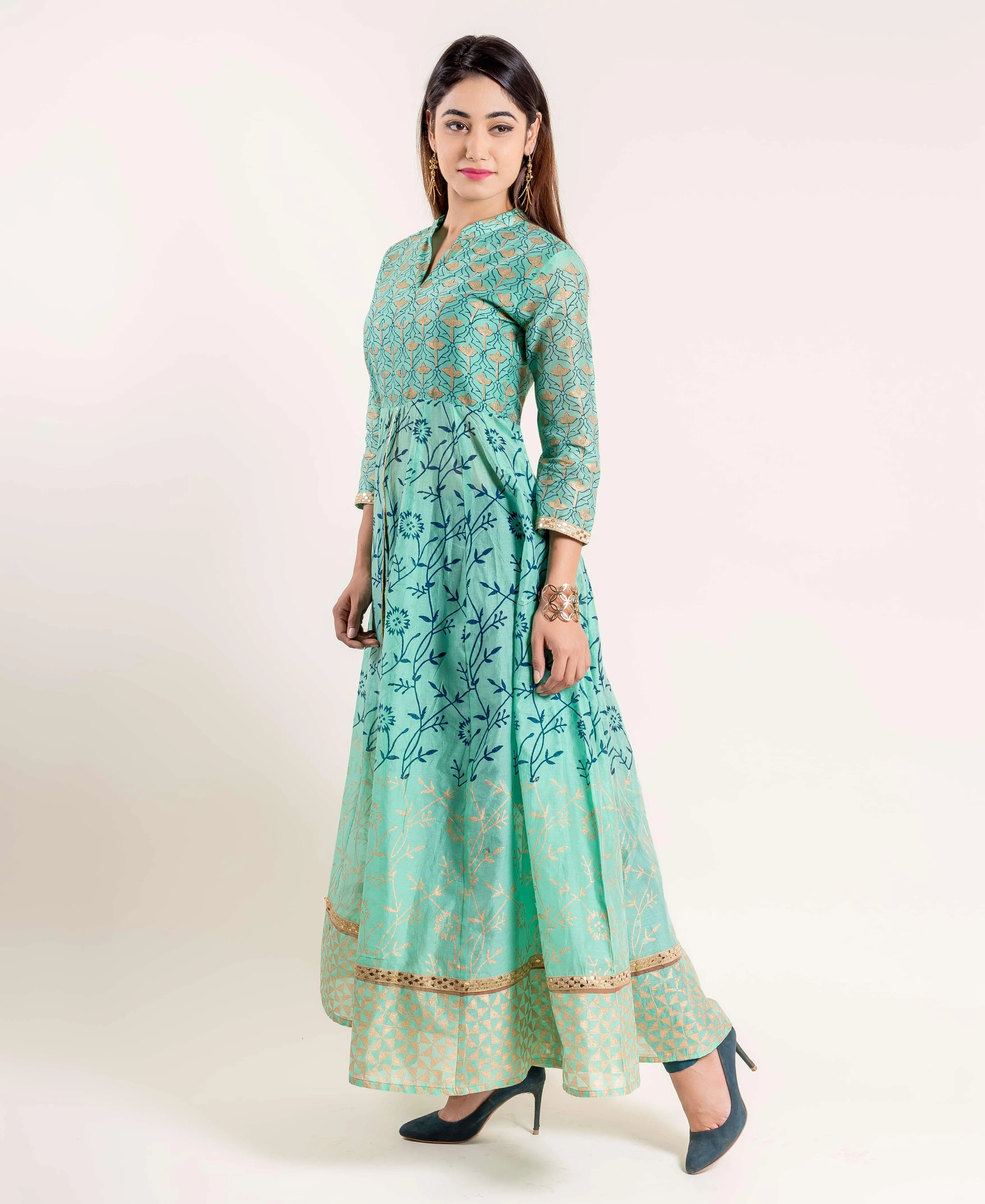 Green Hand Block Printed Indo Western Kurta