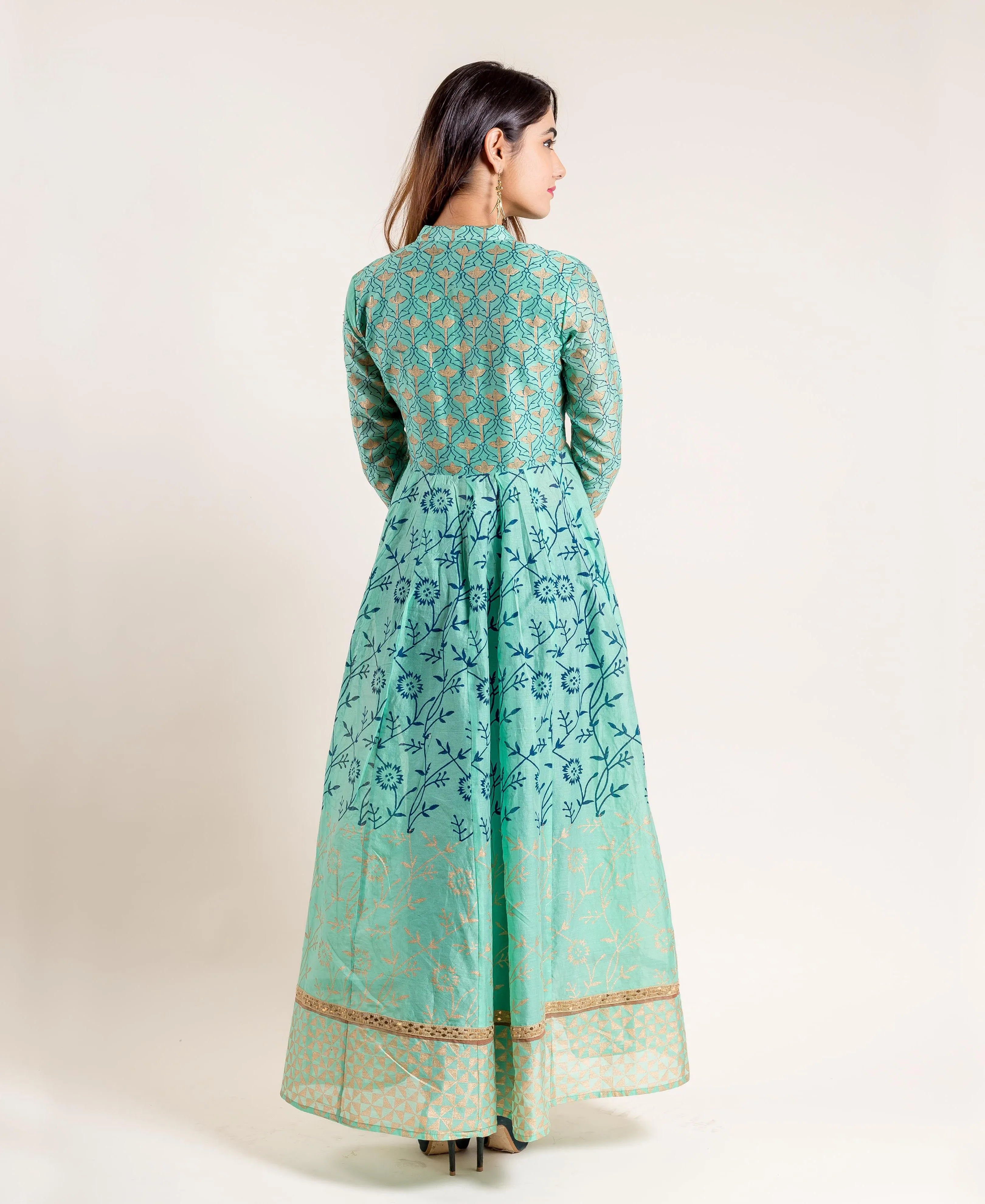 Green Hand Block Printed Indo Western Kurta