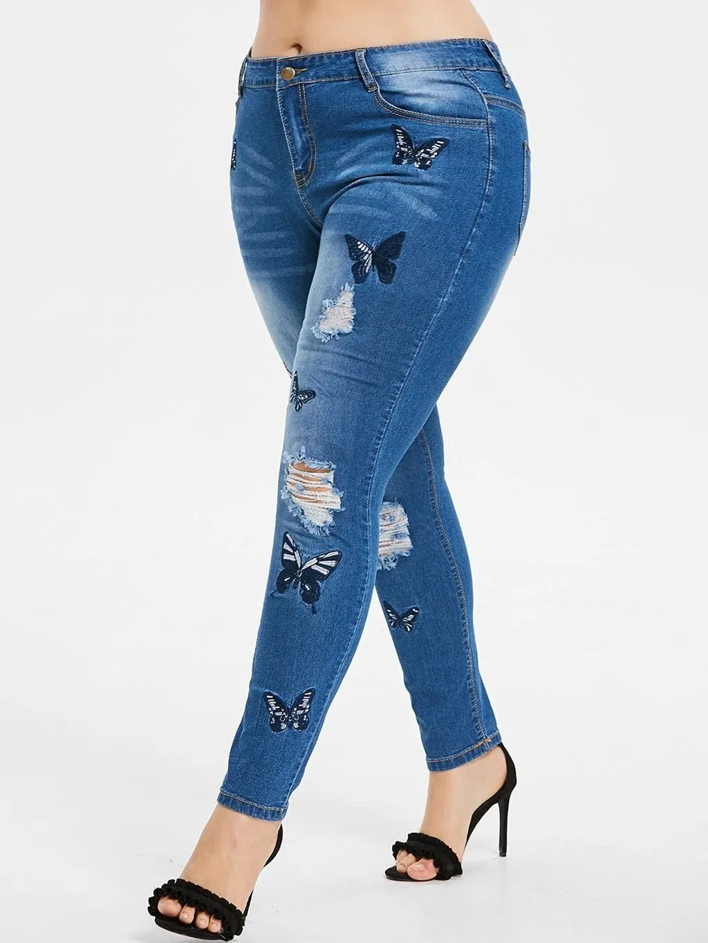 High Waist Hole Embroidery Printed Pockets Jeans