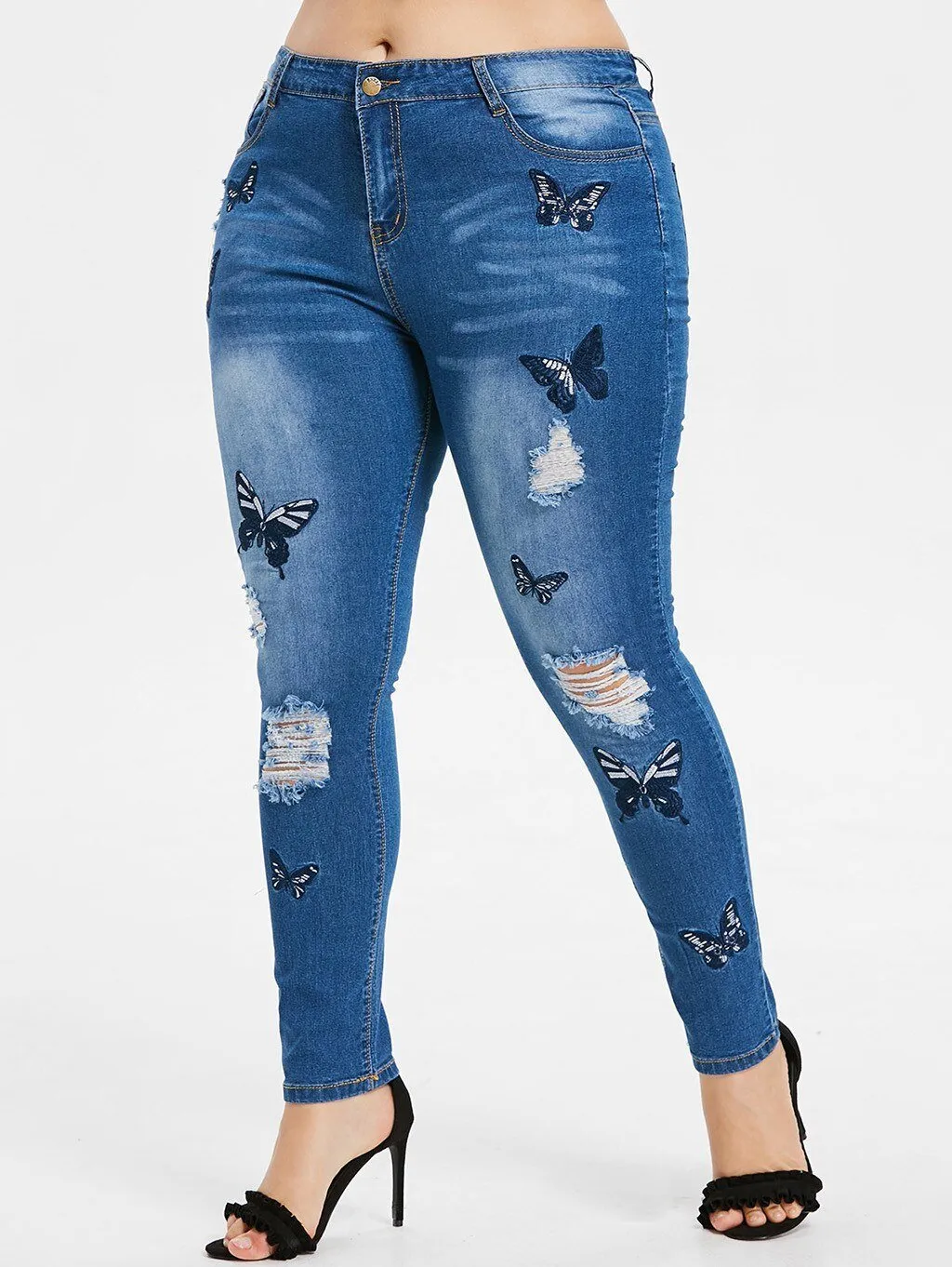 High Waist Hole Embroidery Printed Pockets Jeans