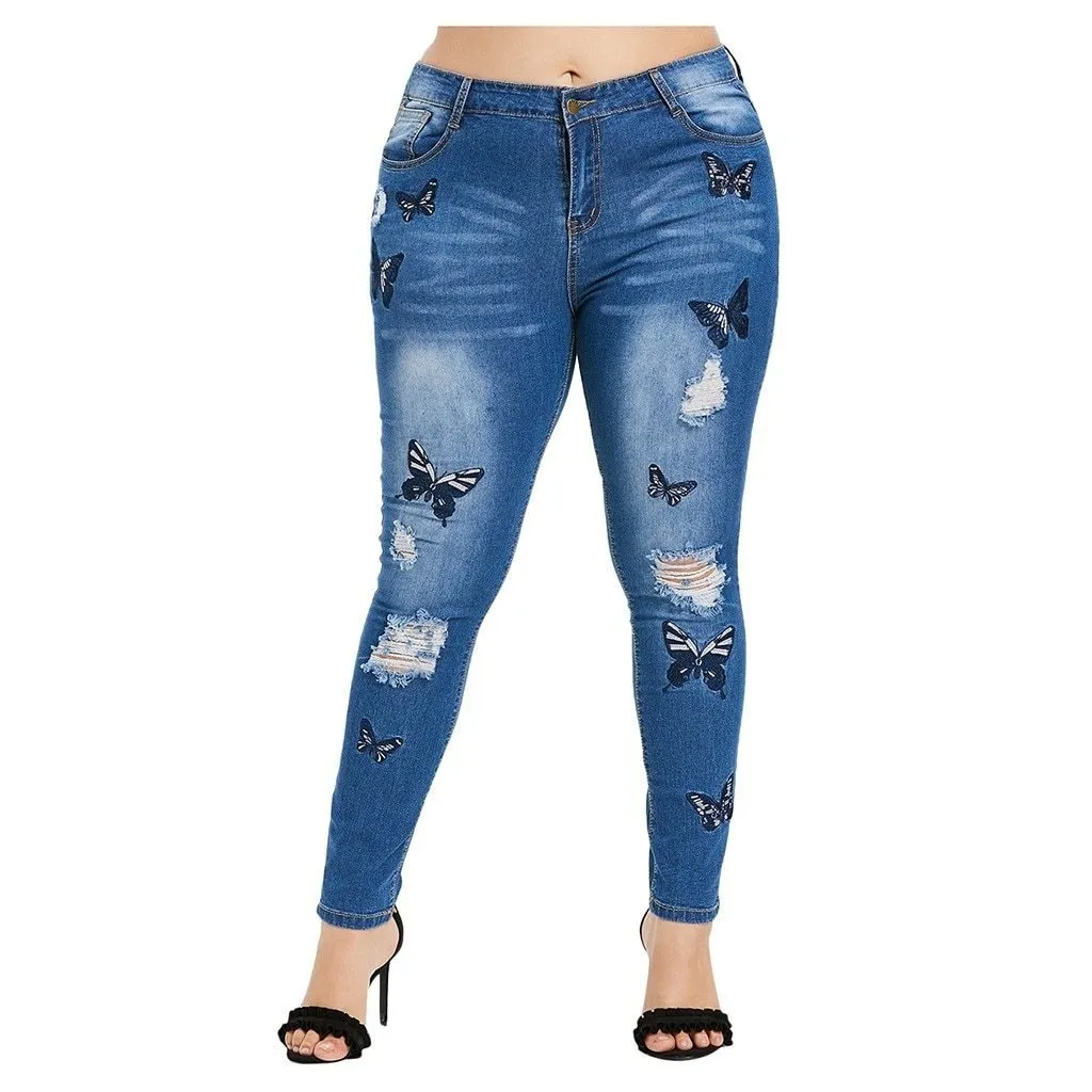 High Waist Hole Embroidery Printed Pockets Jeans