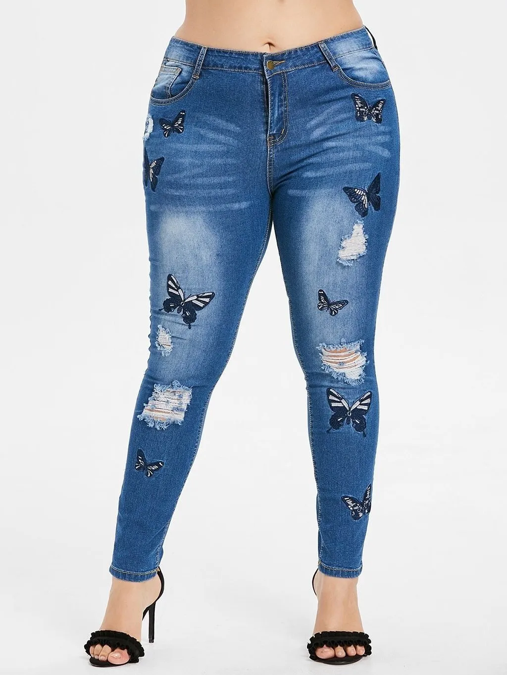 High Waist Hole Embroidery Printed Pockets Jeans