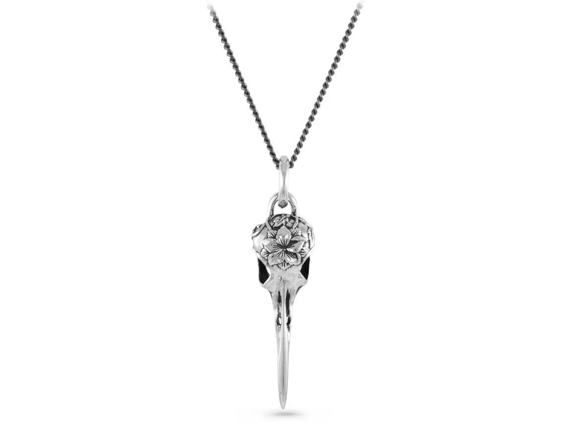 Hummingbird Skull with Flower Necklace - Silver