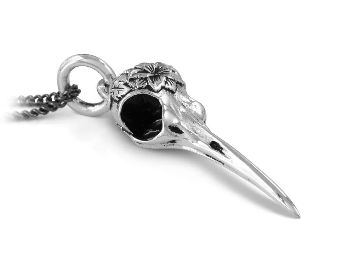 Hummingbird Skull with Flower Necklace - Silver